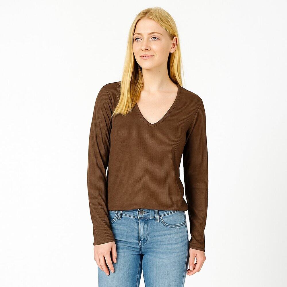 2/$30 Old Navy Long-Sleeve V-Neck Rib-Knit V-Neck T-Shirt Brown XS #A0369 TRB2